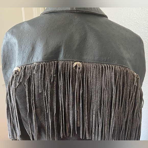Vintage 1980s Leather Fringe Jacket Gray, Ostrich Print Leather and Suede - Sz M - Picture 6 of 17